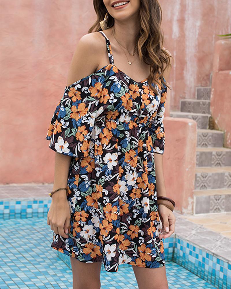 

Floral Print Strapless Skinny Waist Short Sleeve Mini Dress, Blue
