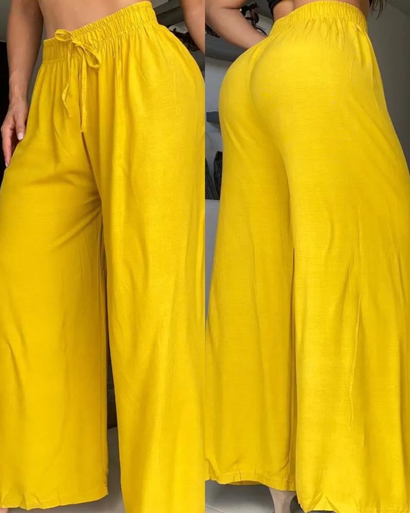 

High Waist Drawstring Wide Leg Jumpsuit, Yellow