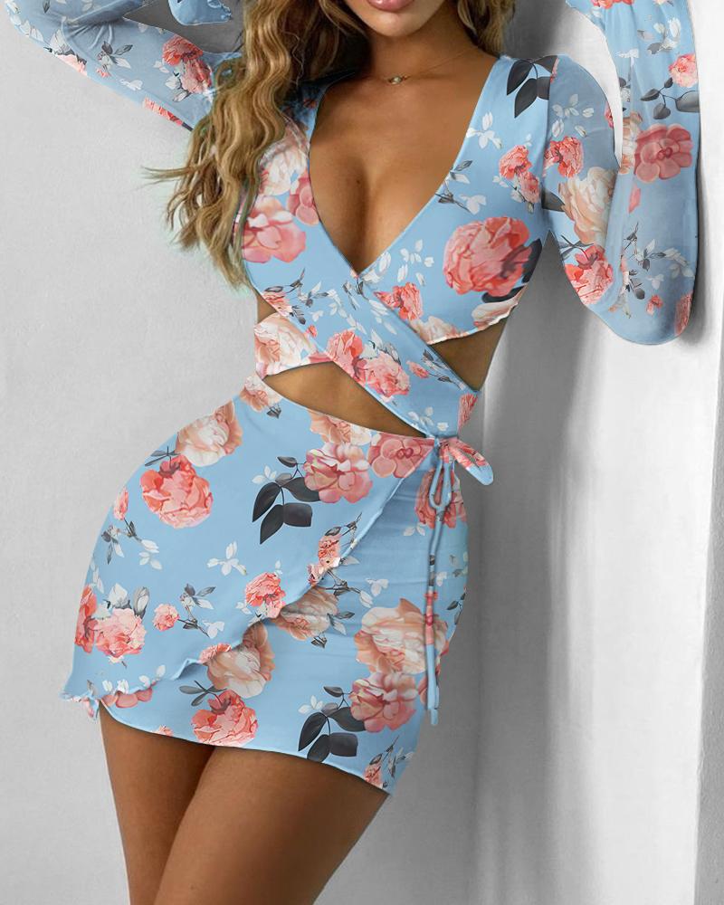 

Frill Hem Cutout Bandage Floral Print Dress, Blue