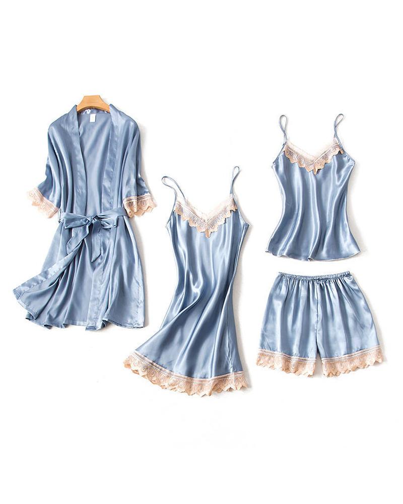 

4PCS Lace Patch Satin Robe & Gown Set, Blue
