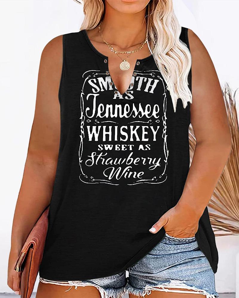 

Plus Size Whiskey Sweet As Strawberry Wine Print Notched Neck Tank Top, Black