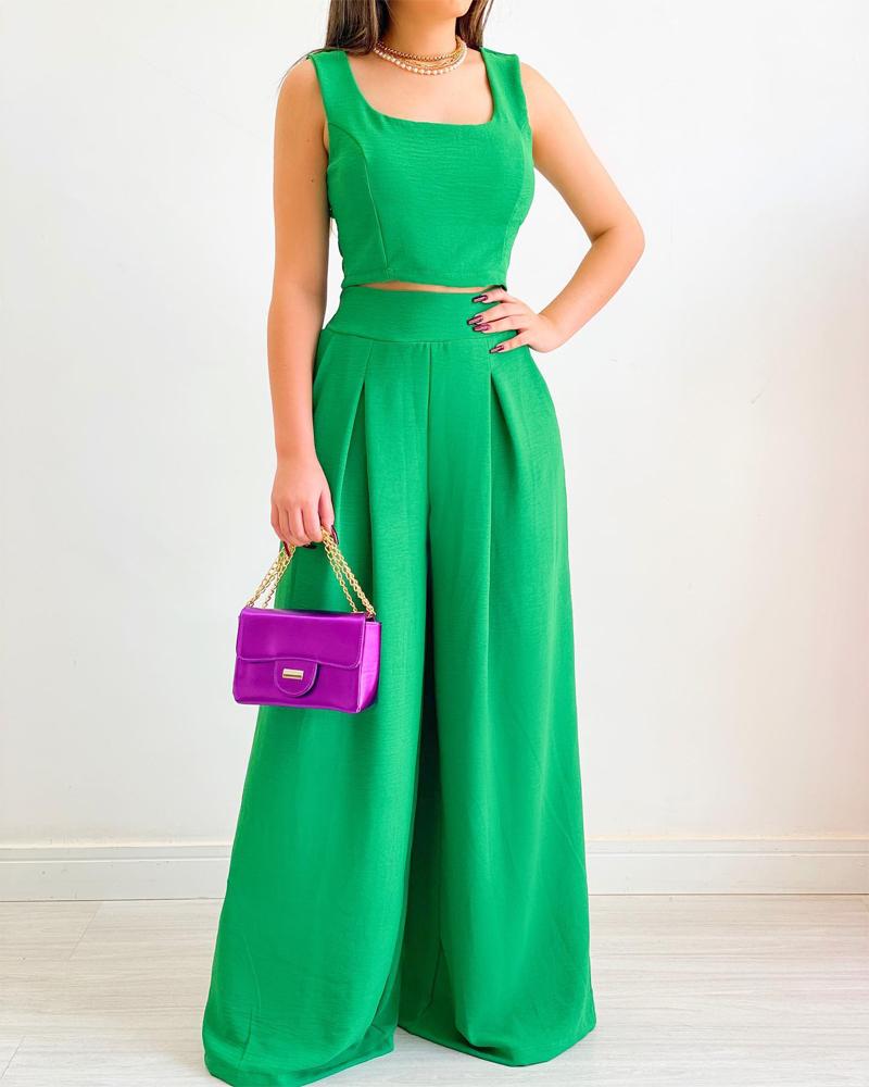 

Shirred Crop Tank Top & High Waist Wide Leg Pants Set, Green