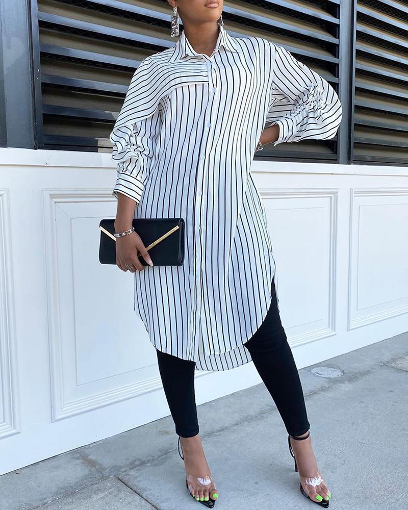 

Striped Cape Design Button Front Longline Shirt, White