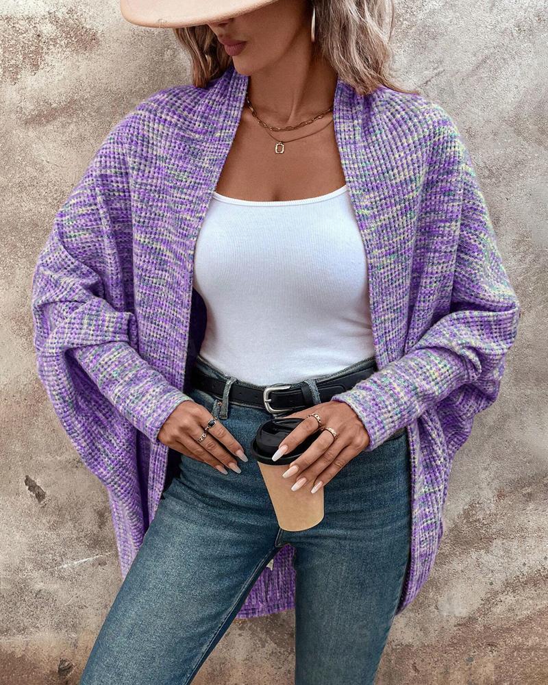 

Casaco de malha waffle colorido com frente aberta, cardigan de manga comprida estilo morcego, Purple