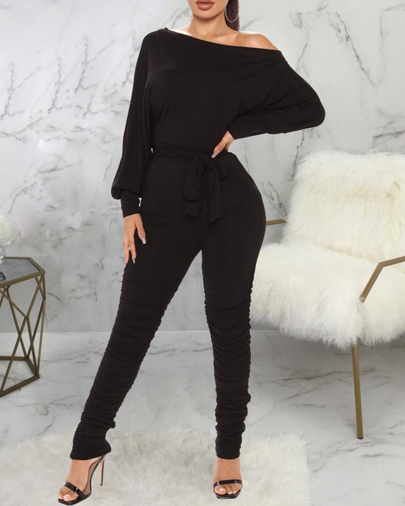 

Long Sleeve Tied Detail Ruched Jumpsuit, Black