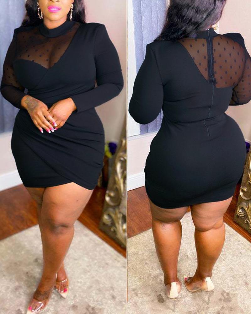 

Plus Size Contrast Mesh Ruched Bodycon Dress, Black