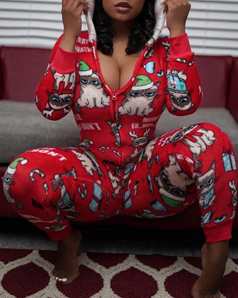 

Christmas Mixed Print Long Sleeve Hooded Jumpsuit, Style1