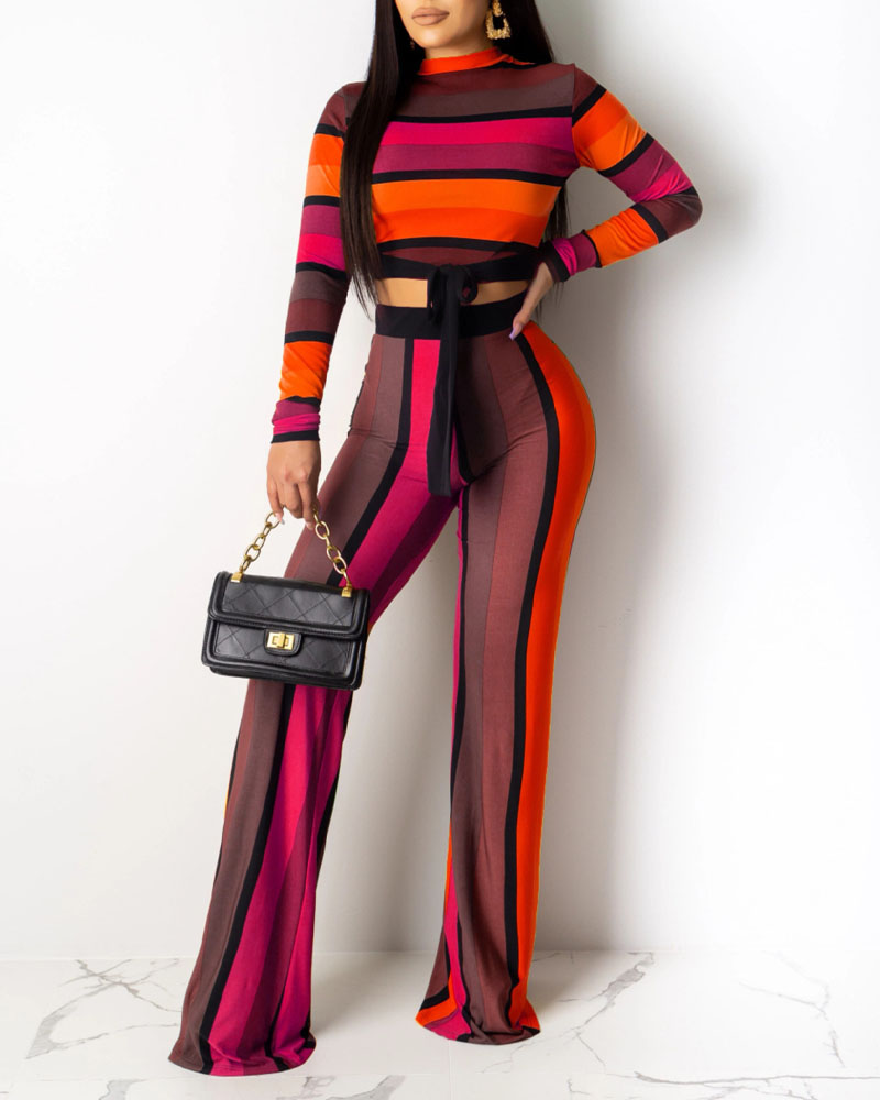 

Striped Long Sleeve Tied Detail Crop Top & Pants Set, Red