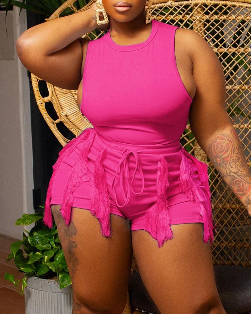 

Plus Size Crew Neck Tank Top & Tassel Design Shorts Set, Rose red