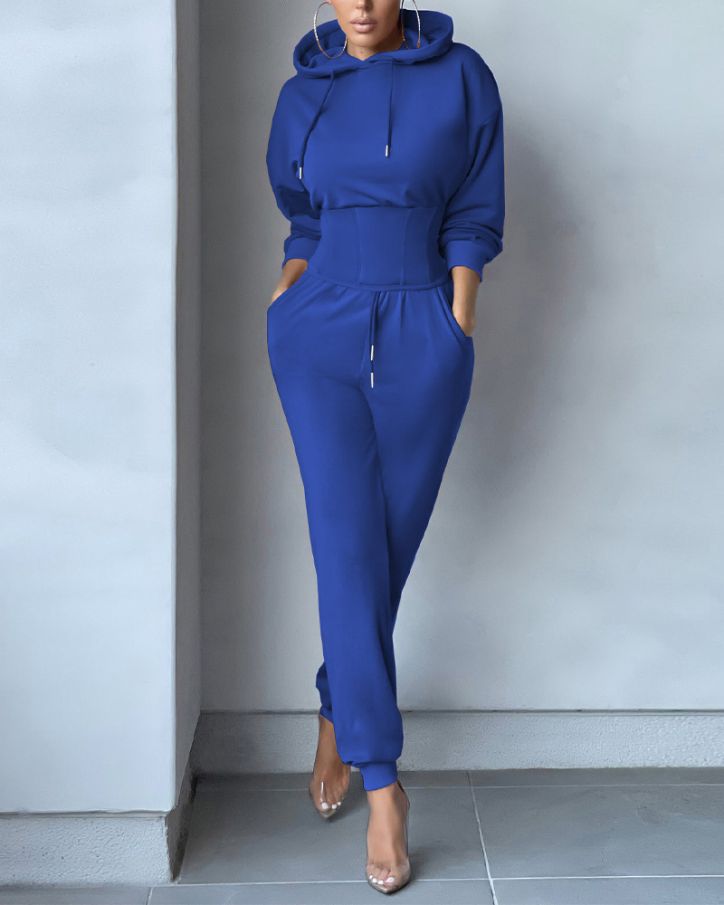 

Long Sleeve Corset Drawstring Hoodie & Pants Set, Blue