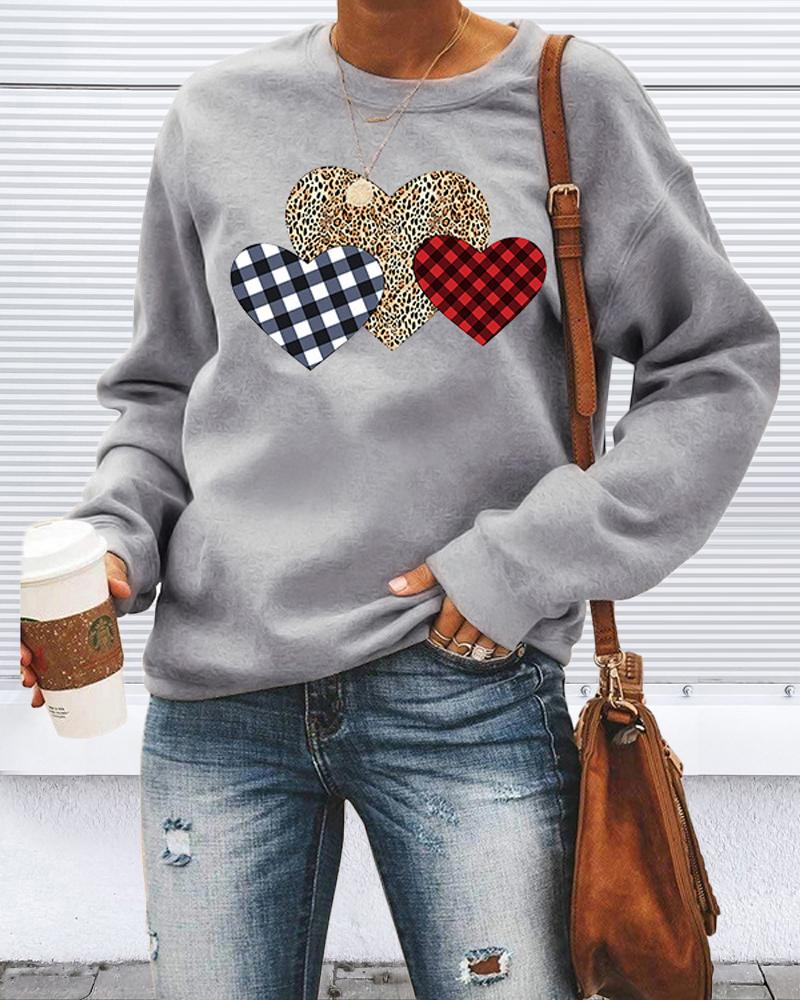 

Valentine' Day Heart Print Long Sleeve Sweatshirt, Gray