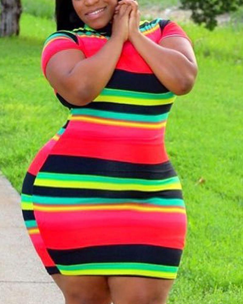 

Plus Size Colorblock Striped Print Casual Dress, Red