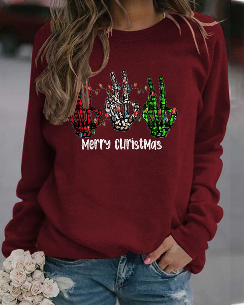 

Christmas Letter Finger Print Long Sleeve Top, Wine red