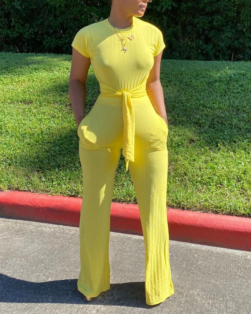 

Tied Detail Short Sleeve Ribbed Jumpsuit, Yellow