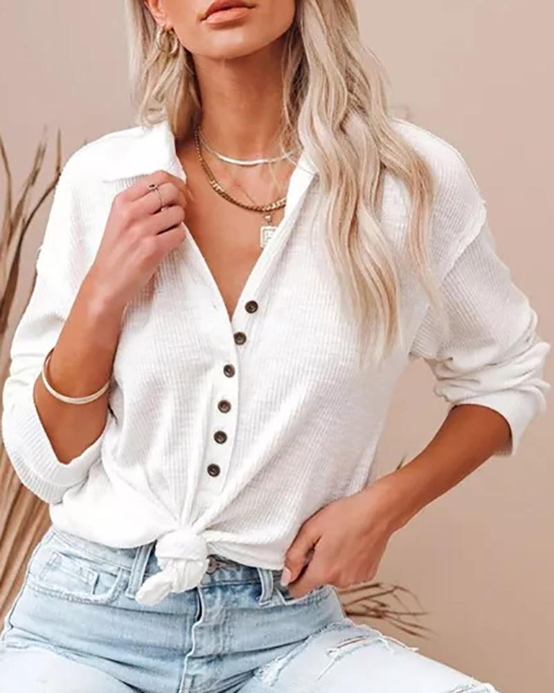 

Button Front Long Sleeve Knit Top, White
