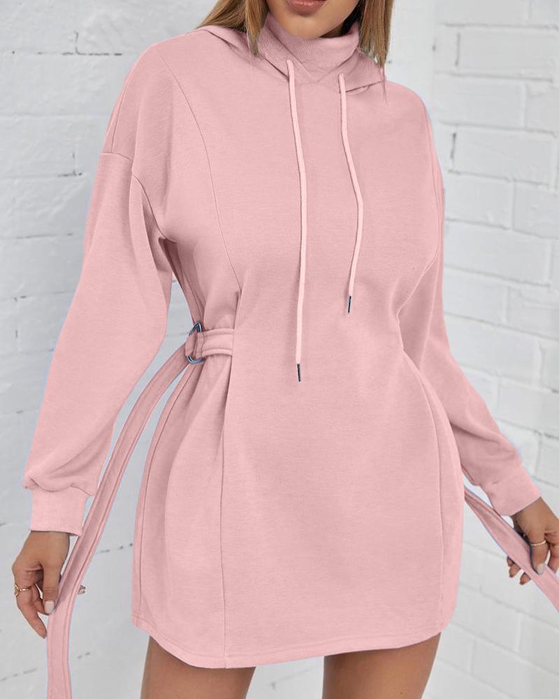 

Tied Detail Drawstring Long Sleeve Casual Dress, Pink