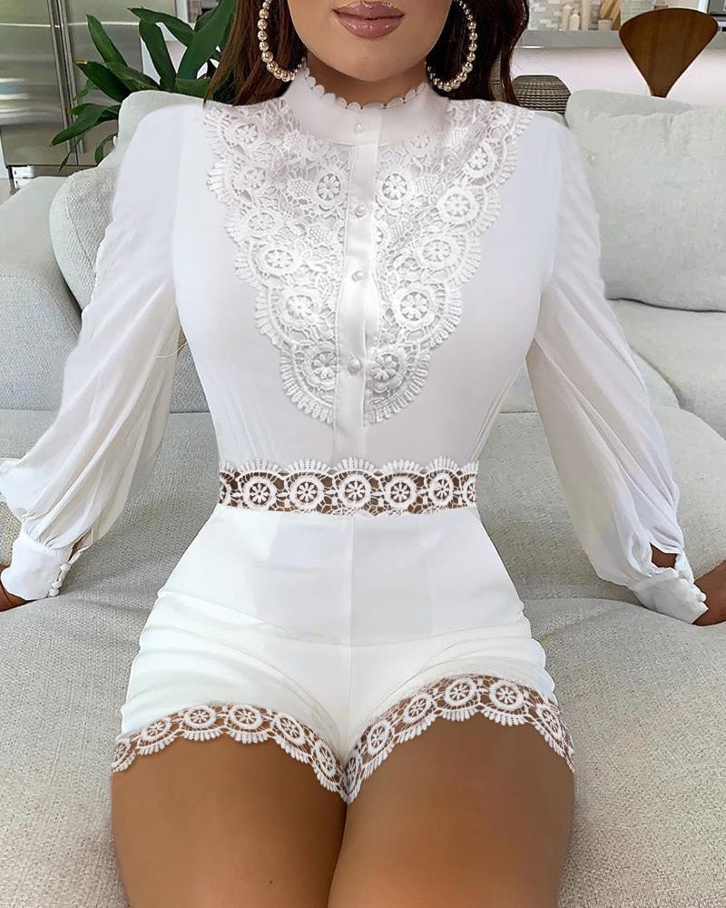 

Guipure Lace Patch Lantern Sleeve Romper, White