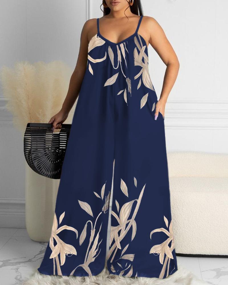 

Floral Print Wide Leg Sleeveless Jumpsuit, Purplish blue