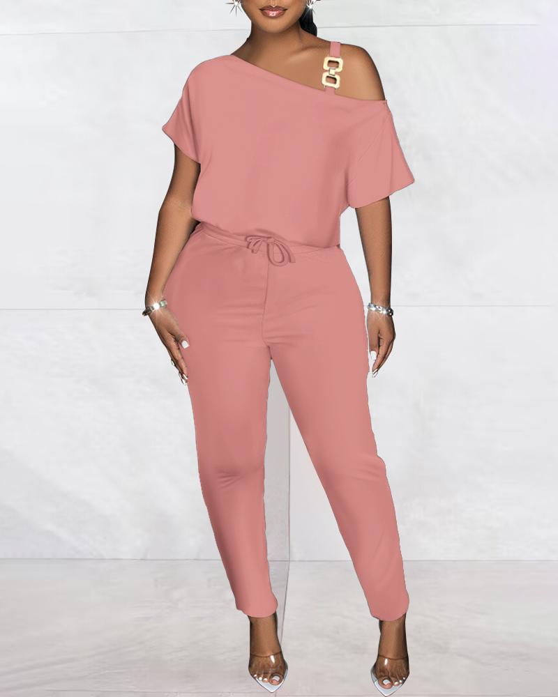 

Cold Shoulder Drawstring Chain Decor Jumpsuit, Pink