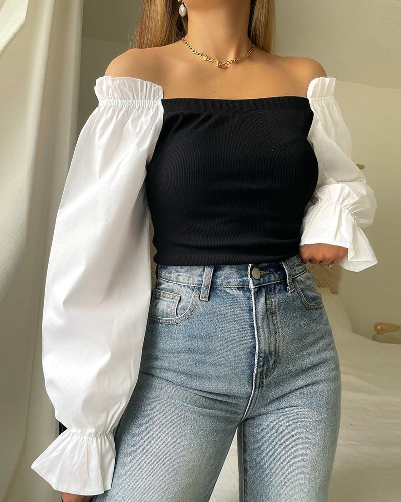 

Long Sleeve Colorblock Off Shoulder Blouse, Black