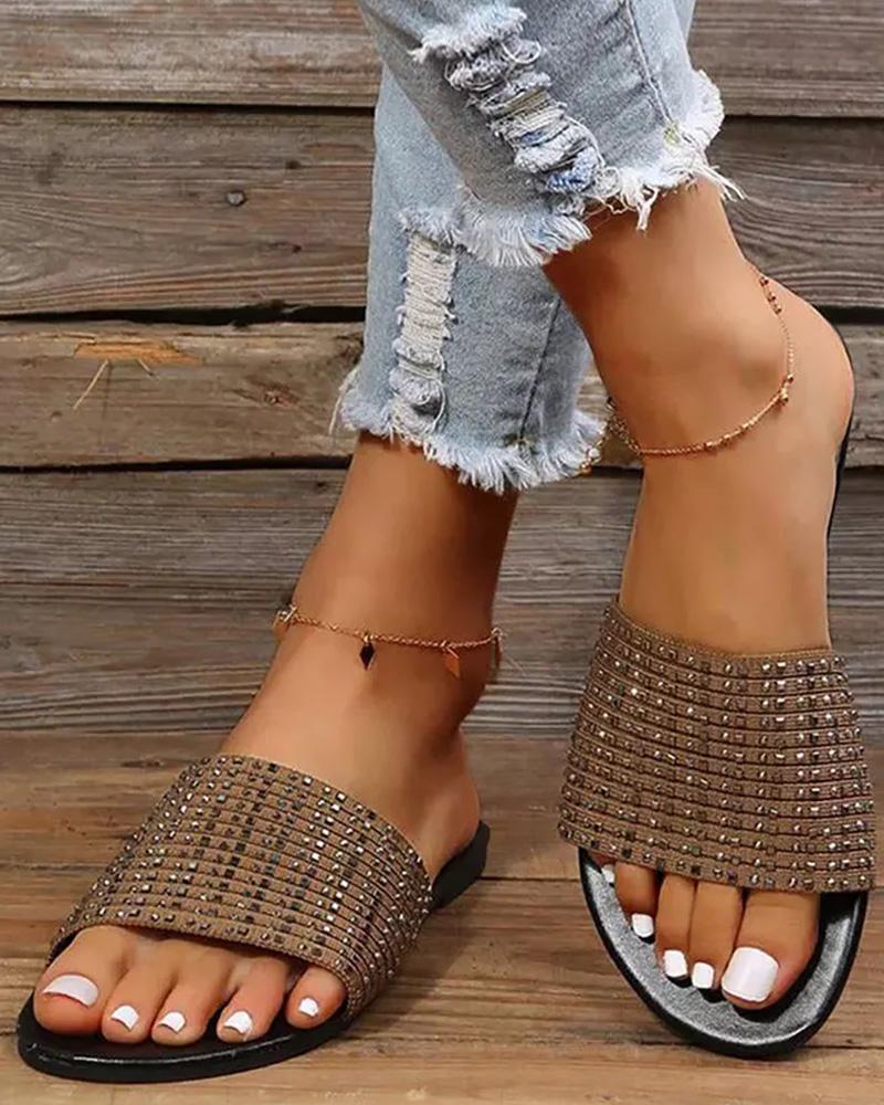 

Rhinestone Decor Round Toe Flat Slippers, Brown