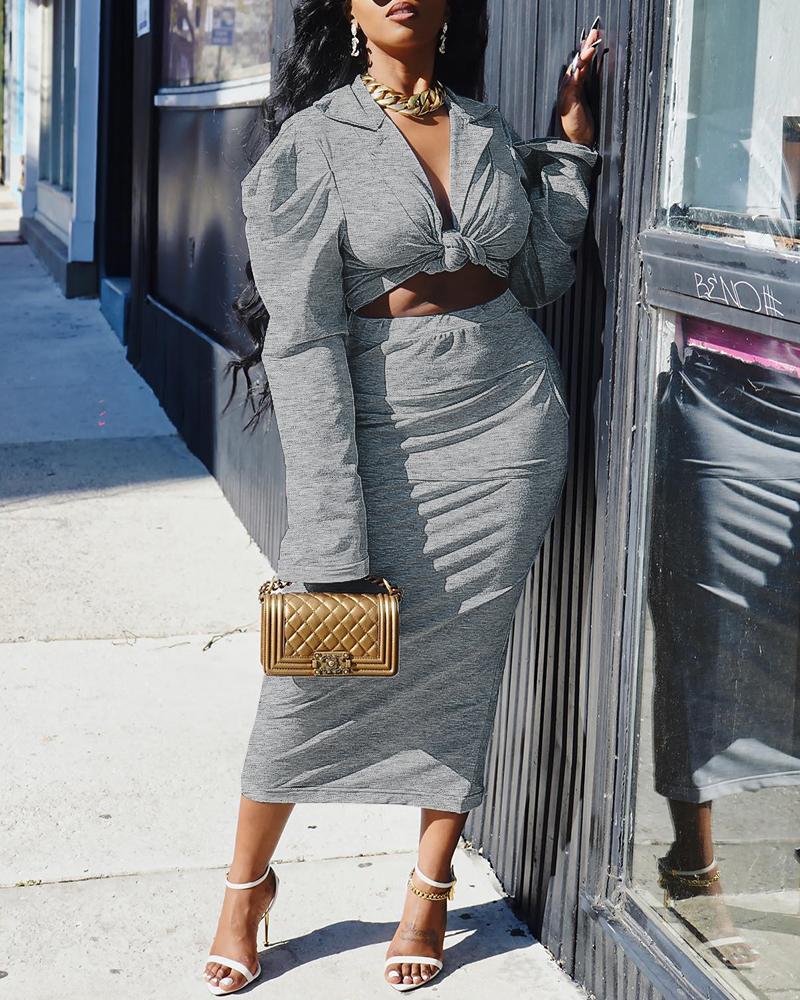 

Knotted Crop Top & Pocket Design Skirt Set, Gray