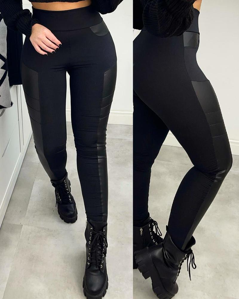 

High Waist PU Leather Patch Skinny Pants Basic Slim Skinny Trousers, Black