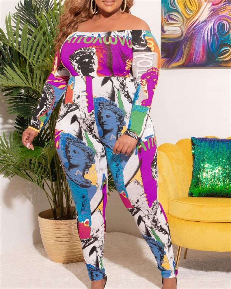 

Plus Size Figure Letter Print Off Shoulder Jumpsuit, Purple