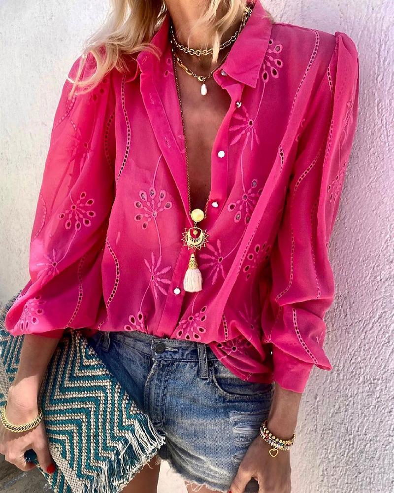 

Eyelet Embroidery Puff Lantern Sleeve Top, Hot pink