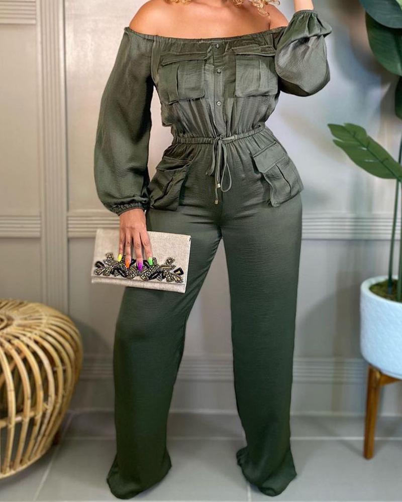 

Off Shoulder Lantern Sleeve Pocket Design Drawstring Jumpsuit, Green