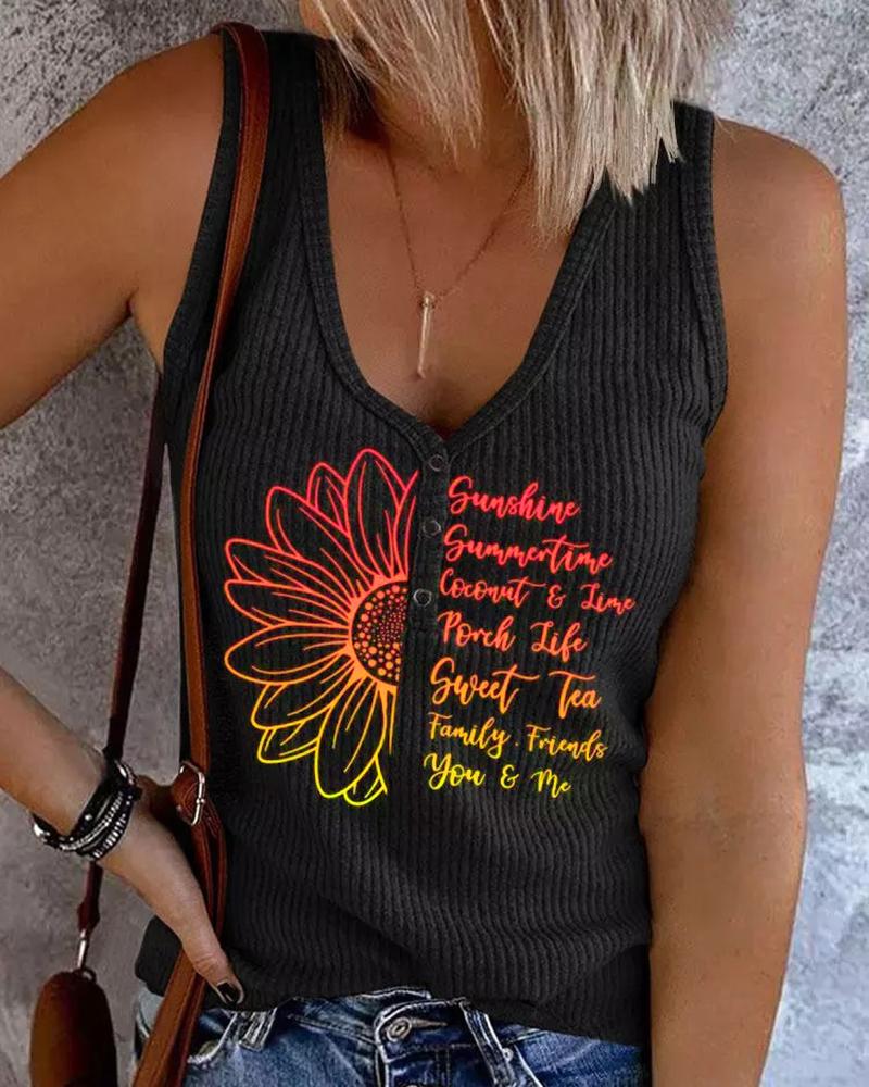 

Sunflower Letter Print V-Neck Tank Top, Black