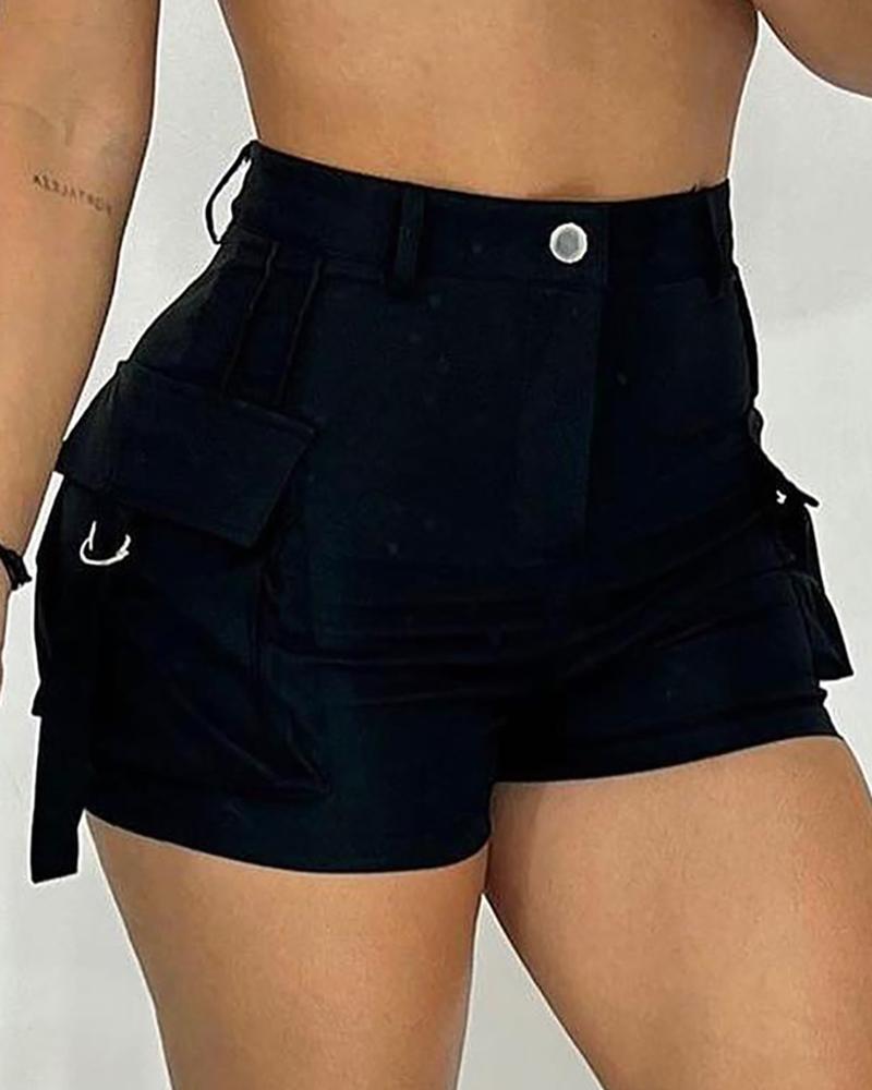 

Pocket Design High Waist Cargo Shorts, Black