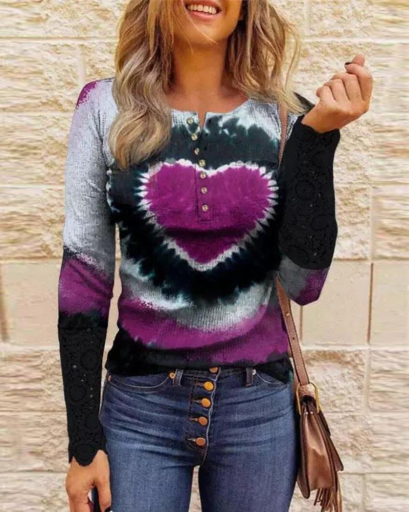 

Valentine' Day Tie Dye Heart Print Contrast Lace Long Sleeve Top, Purple
