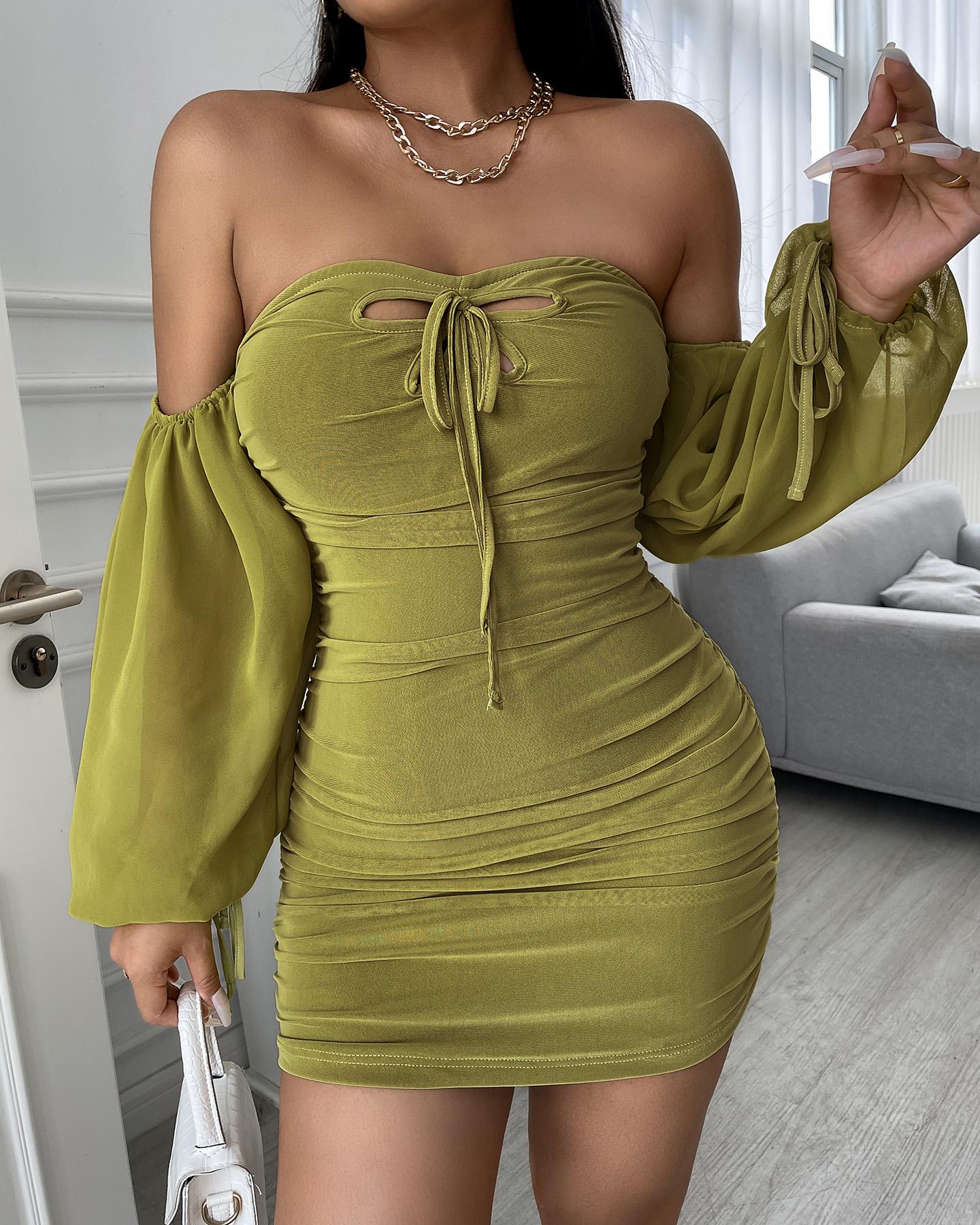 

Solid Off Shoulder Cuff Ruched Cut-Out Mini Dress Long Sleeve Bodycon Dress, Style1