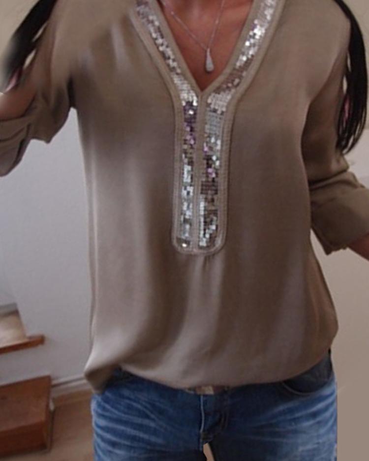 

Contrast Sequins Insert Casual T-Shirt, Khaki