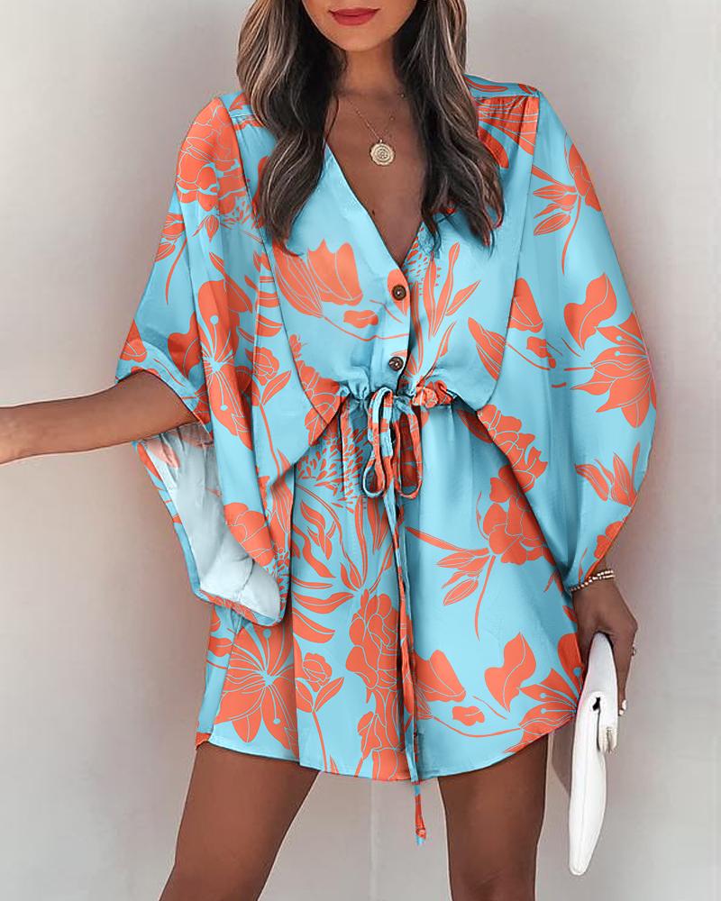 

Plants Print Button Front Drawstring Casual Dress, Blue