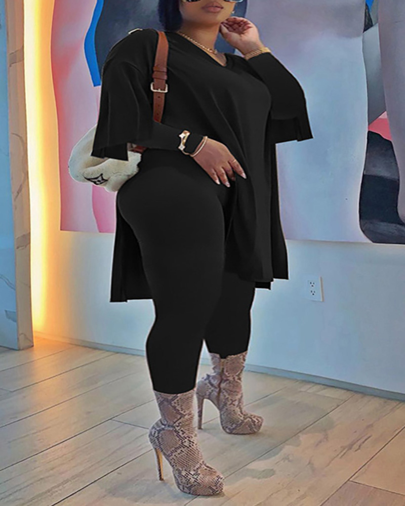 

Plus Size Side Slit Casual Top & Pants Set, Black