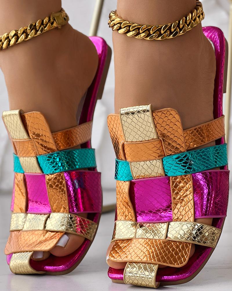 

Colorblock Braided Hollow Out Square Toe Slippers, Hot pink