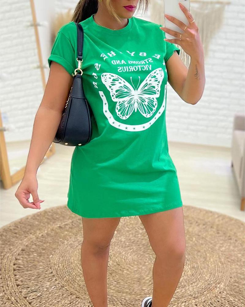 

Butterfly Letter Print Roll Hem Casual Dress, Green