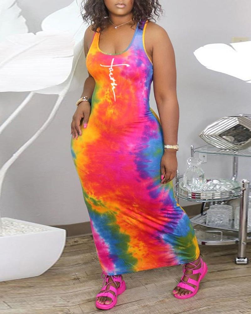 

Plus Size Tie Dye Faith Print U-Neck Maxi Dress, Multicolor