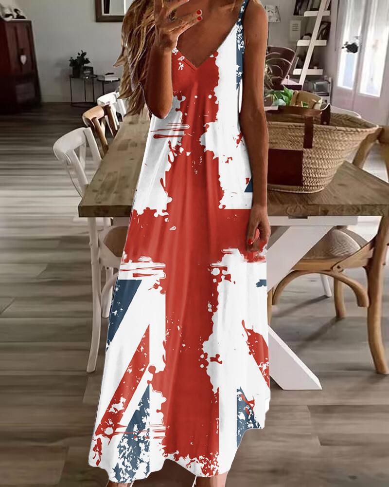 

Independence Day Flag Print Spaghetti Strap Maxi Dress, Red