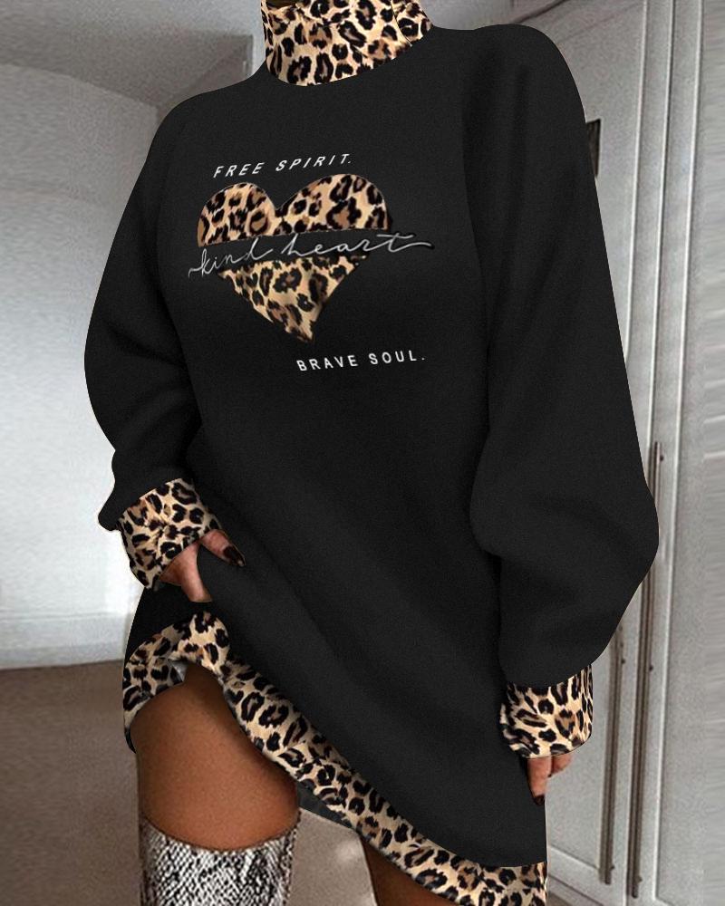 

Leopard Letter Heart Print High Neck Casual Dress Long Sleeve Loose Fashion Dress, Black