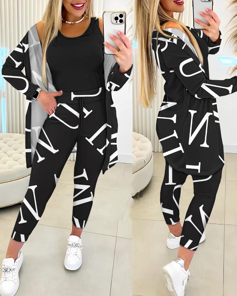 

Round Neck Tank Top & Letter Print Drawstring Pants Set With Coat, Black