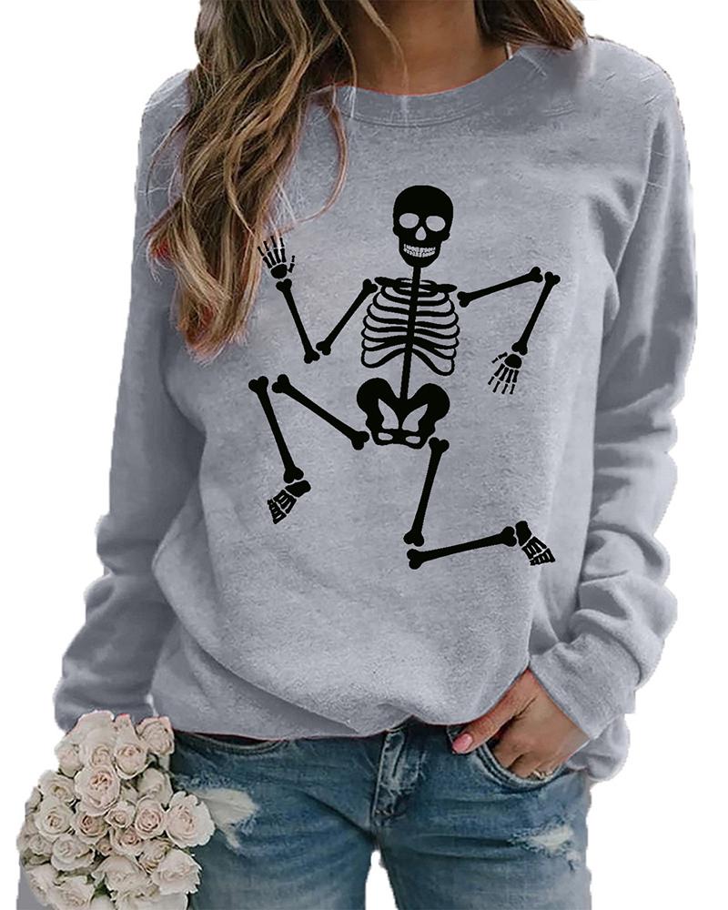 

Halloween O-Neck Skeleton Print Top, Gray