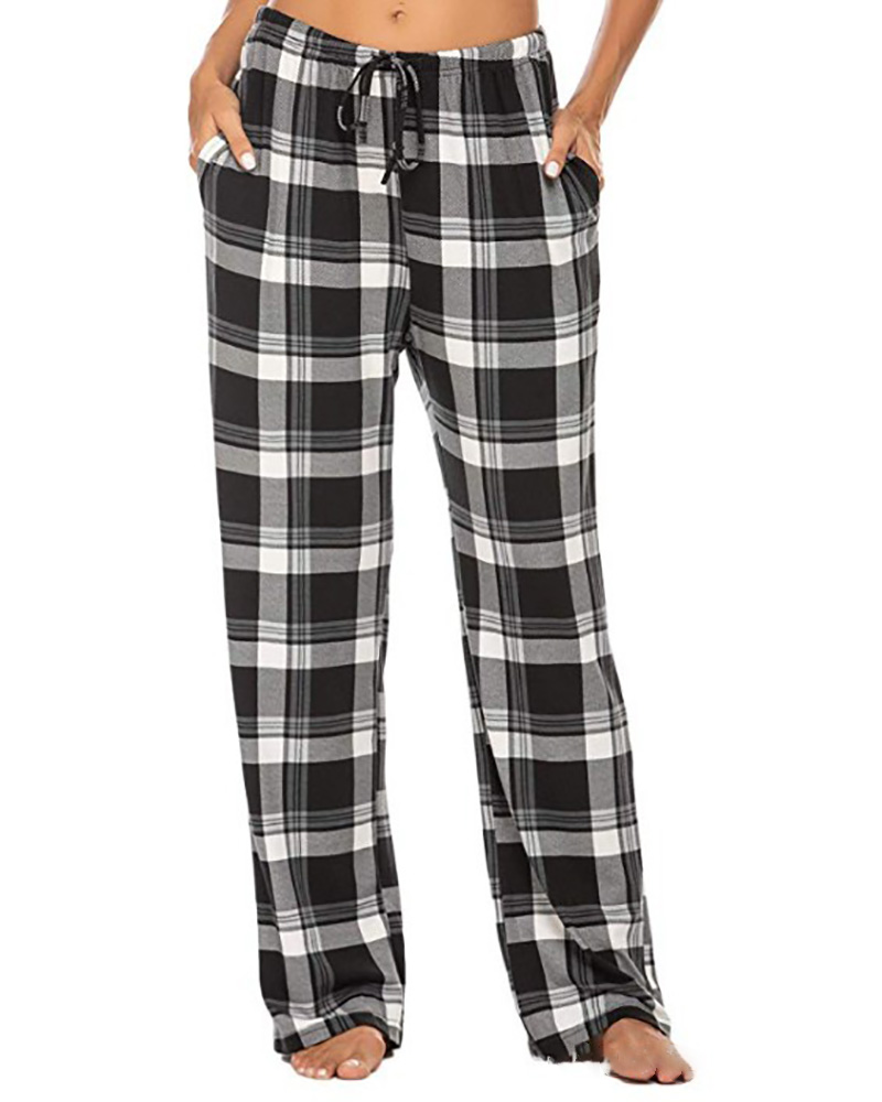 

Drawstring Pocket Design Plaid Print Pants, Gray