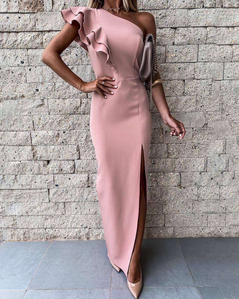 

One Shoulder Ruffle Hem High Slit Maxi Dress, Pink