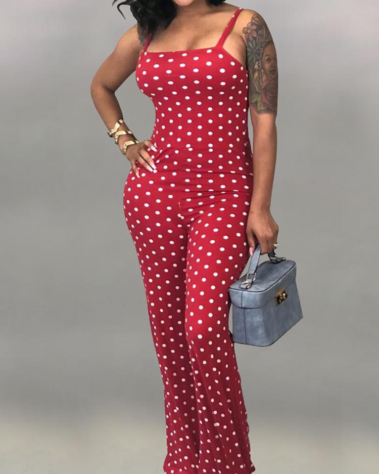 

Dots Print Spaghetti Strap Flared Jumpsuit, Red
