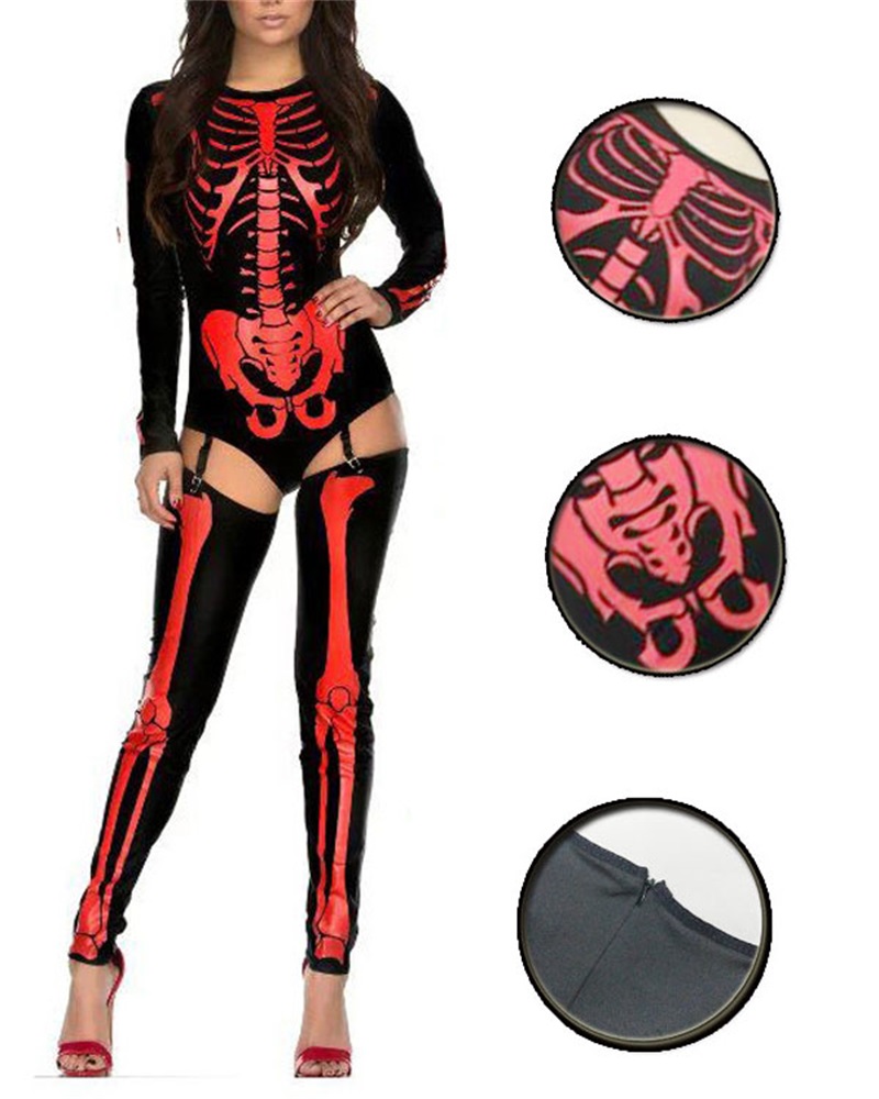 

Halloween Skeleton Cosplay Costume Garter Jumpsuit, Red