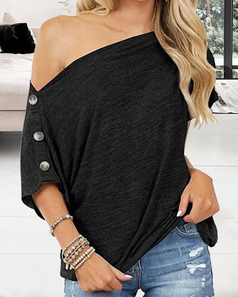 

Solid Button Short Sleeve Loose T-shirt, Black