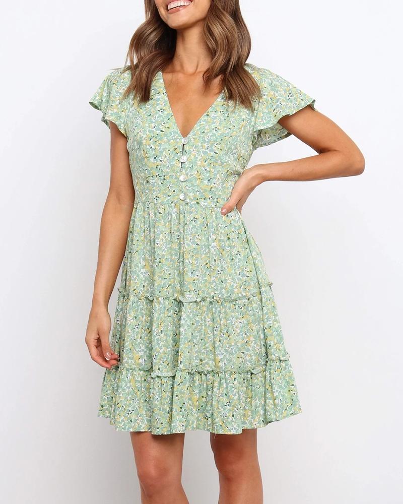 

Floral Print Ruffle Hem Short Sleeve Mini Dress, Green